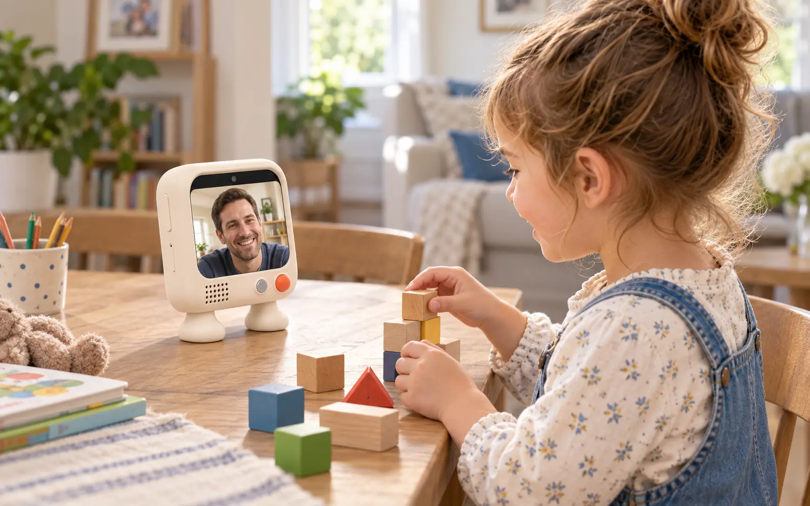 Child builds with blocks while Dad appears on Bubu
