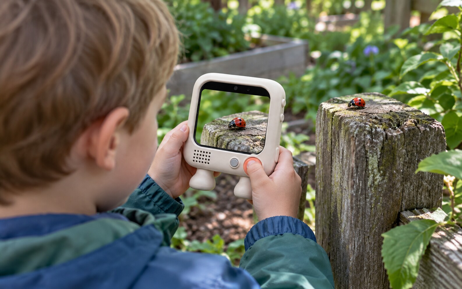 Child holds Bubu outdoors while finding colors in the real world