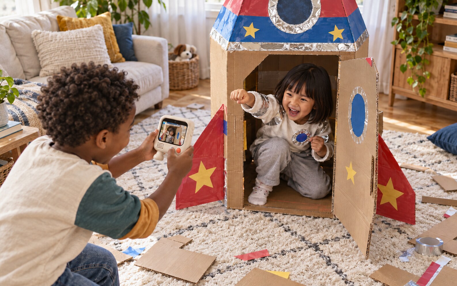 Two children playing with a cardboard rocket while one uses Bubu