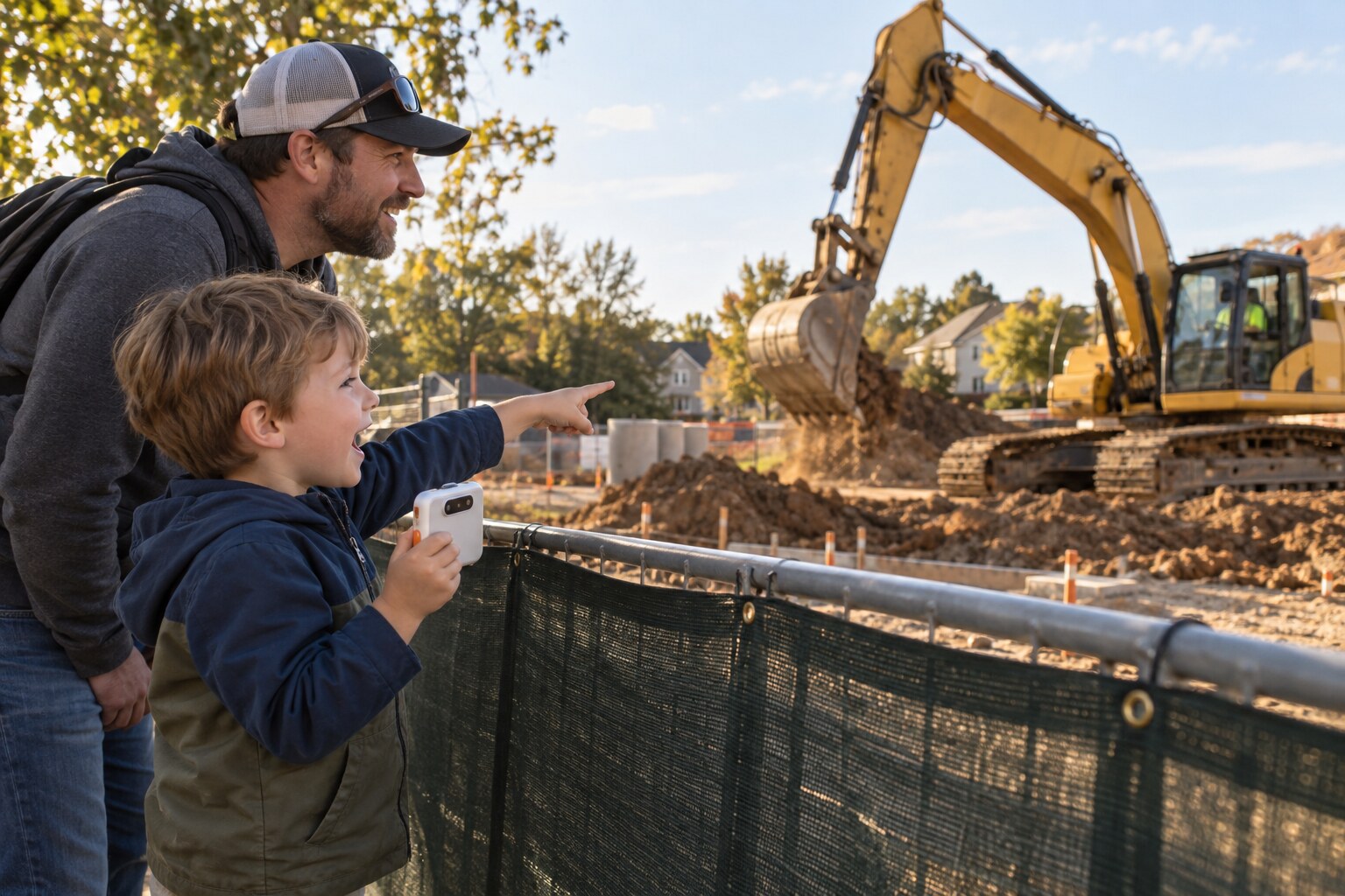 Child points toward an excavator