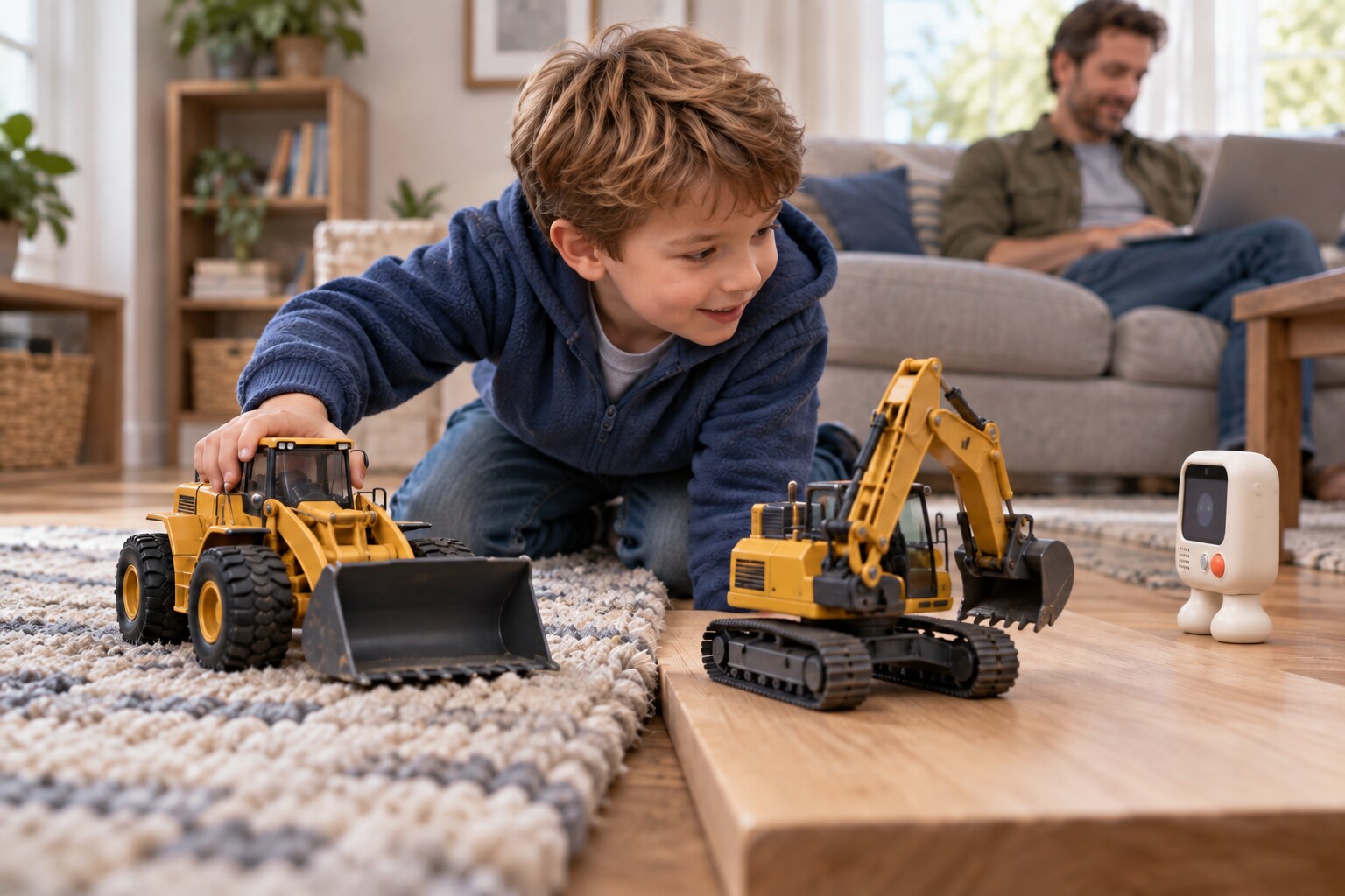 Child compares tracked and wheeled toys at home