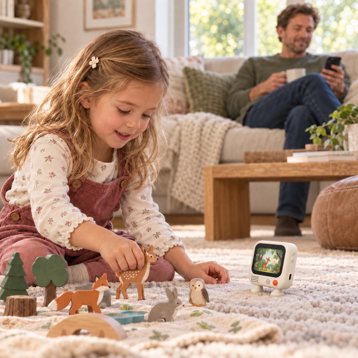 A child plays independently with Bubu while a parent stays nearby