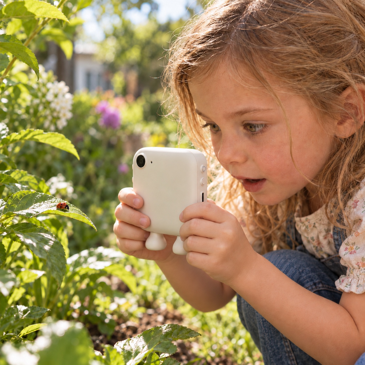 A child photographs a ladybug on a leaf with Bubu