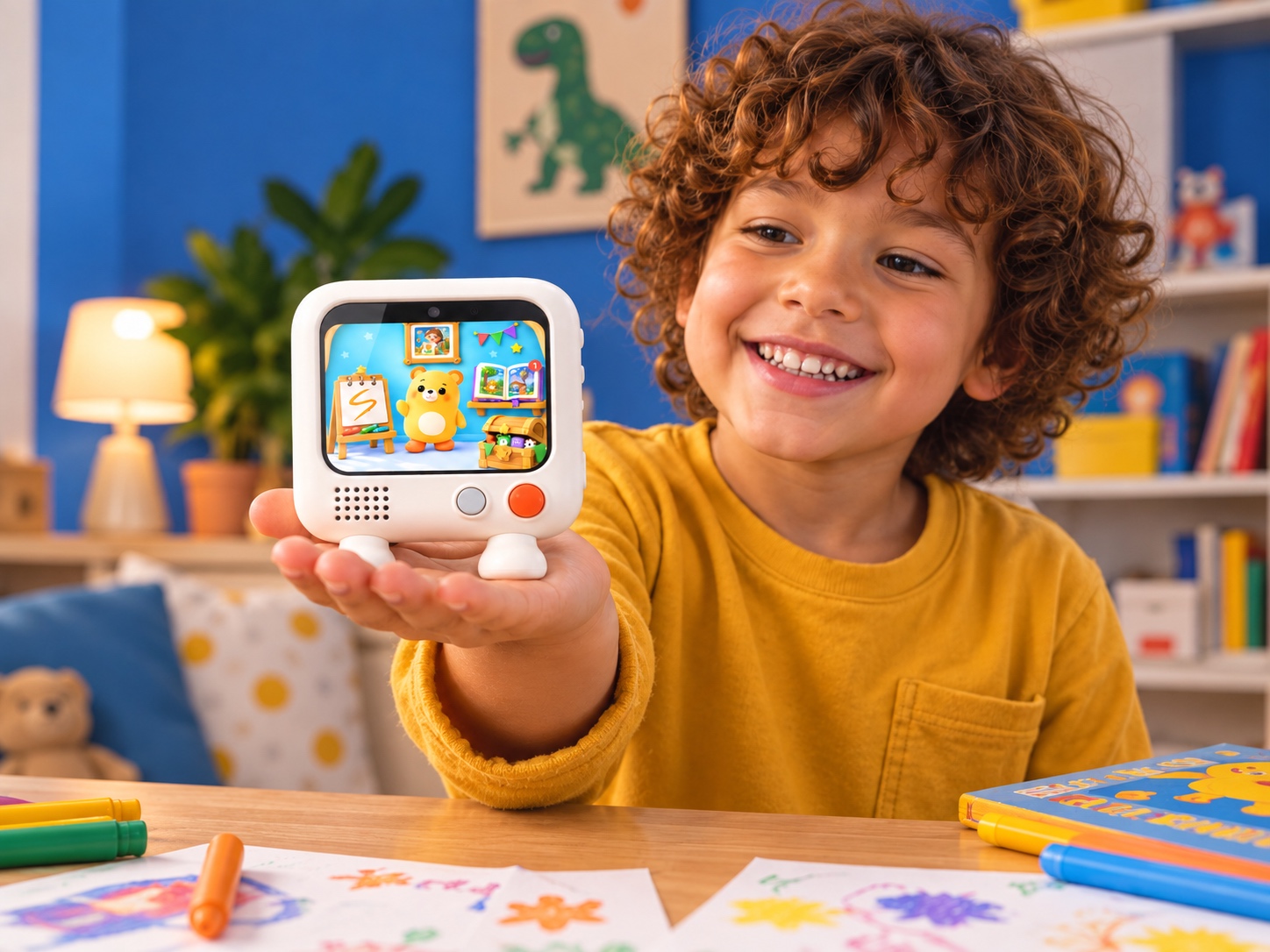 A smiling child holds Bubu with its colorful screen visible